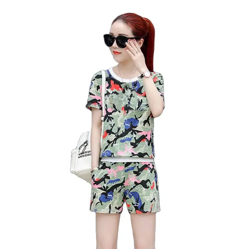 

Casual Camouflage Two Piece Set Fashion Summer New Style Loose Plus Size Shorts Suit Women Clohtes Gray Blue Green