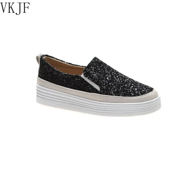 

2021 Women Flats Rhinestone Bling Chic Shining Star Sewing Thick Sole Slip on Platform Fashion Casual Sneakers Ladies Shoes