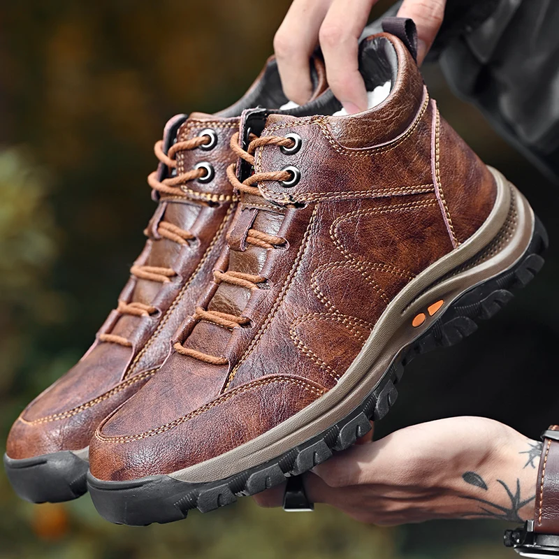 

Outdoors Trekking Boots for Men Leather Casual Boots Men Plush Fur Warm Snow Boots Thick Sole Winter Shoes Men Designer Sneakers