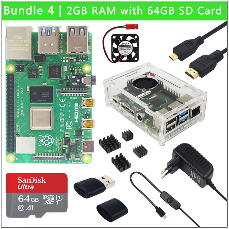

Raspberry Pi 4 Model B 2 ГБ/4 ГБ/8 ГБ ОЗУ + чехол + вентилятор + теплоотвод + адаптер питания + SD-карта 32/64 ГБ + Кабель Micro HDMI для RPI 4B