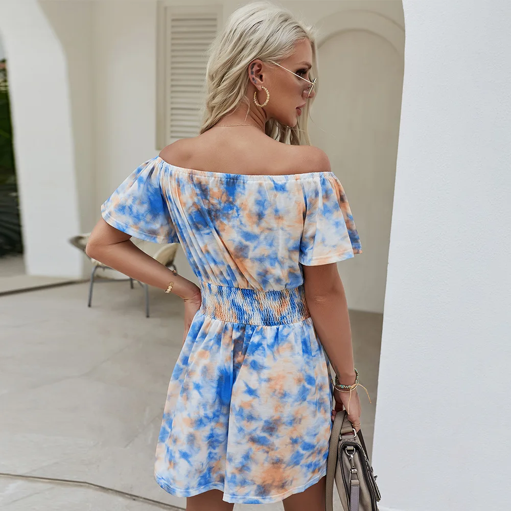 

2021 Spring Summer New Fashion Slash Neck Tie-dye Print Short Dress Women High Wasit Slim Off Shoulder Dresses For Women Casual