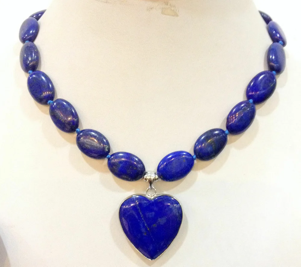 

Natural New13x18mm natural lapis lazuli oval & love pendant necklace 18 "