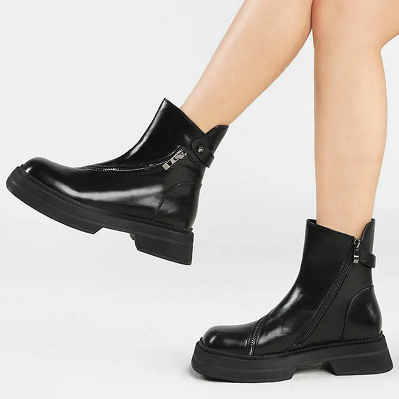 

Женские ботильоны на толстом среднем каблуке, повседневные мотоциклетные ботинки с молнией и круглым носком, Осень-зима 2021