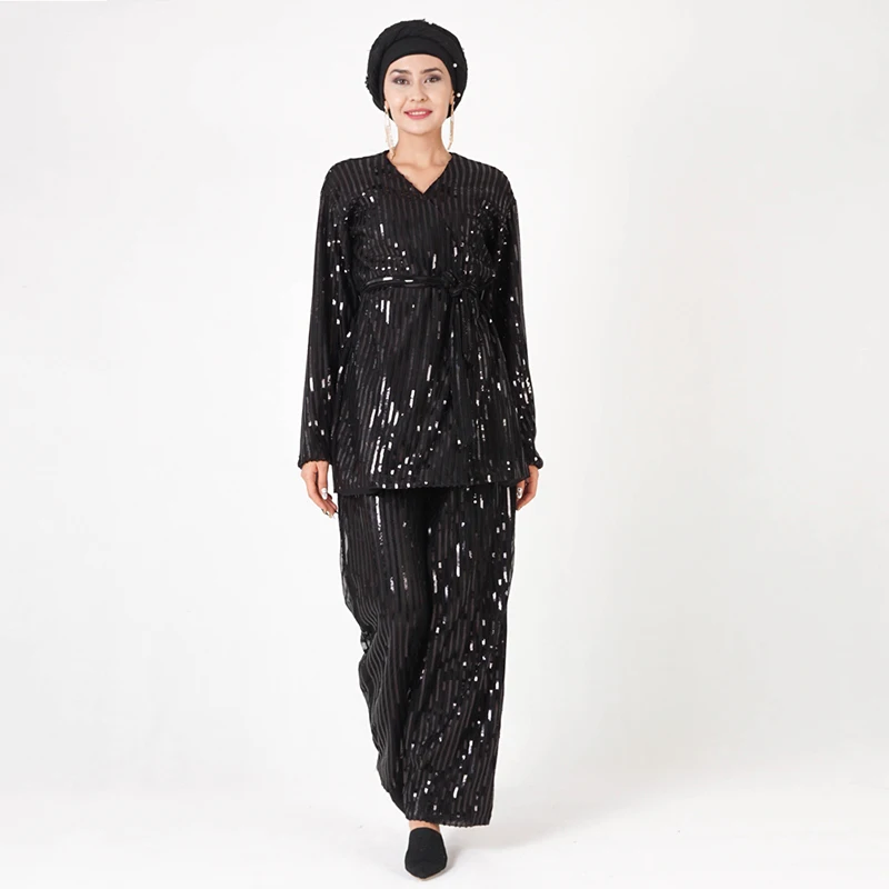 Блесток abaya Дубай мусульманский Топ ансамбль Femme 2 шт. Pantalon Оман Пакистан Исламская молитва одежда для женщин хиджаб платье комплект