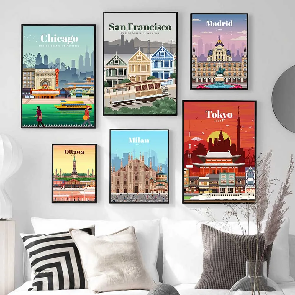 Австралия Испания Италия Канада Япония Карта города плакат Скандинавская