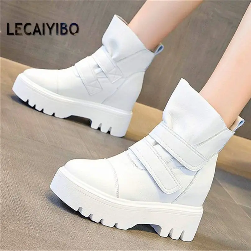 Increasing Height Military Women Cow Leather Round Toe Ankle Boots Platform Wedge High Heel Oxfords Pull On Creeper Shoes 34 -39