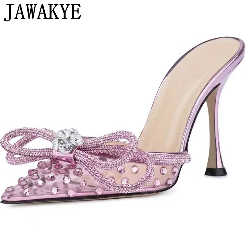 

2022 Summer Sexy Hot Sale PVC Mules Women Slippers Pointed Wrap Toe Crystal High Heel Sandals Luxury Bride Wedding Shoes mujer