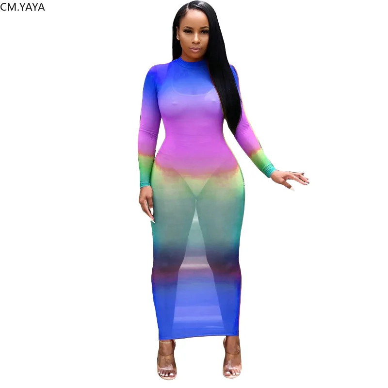 2019 women rainbow print o-neck full sleeve bodycon long maxi dress sexy gradient perspectivenight club party dresses GLK9506 | Женская