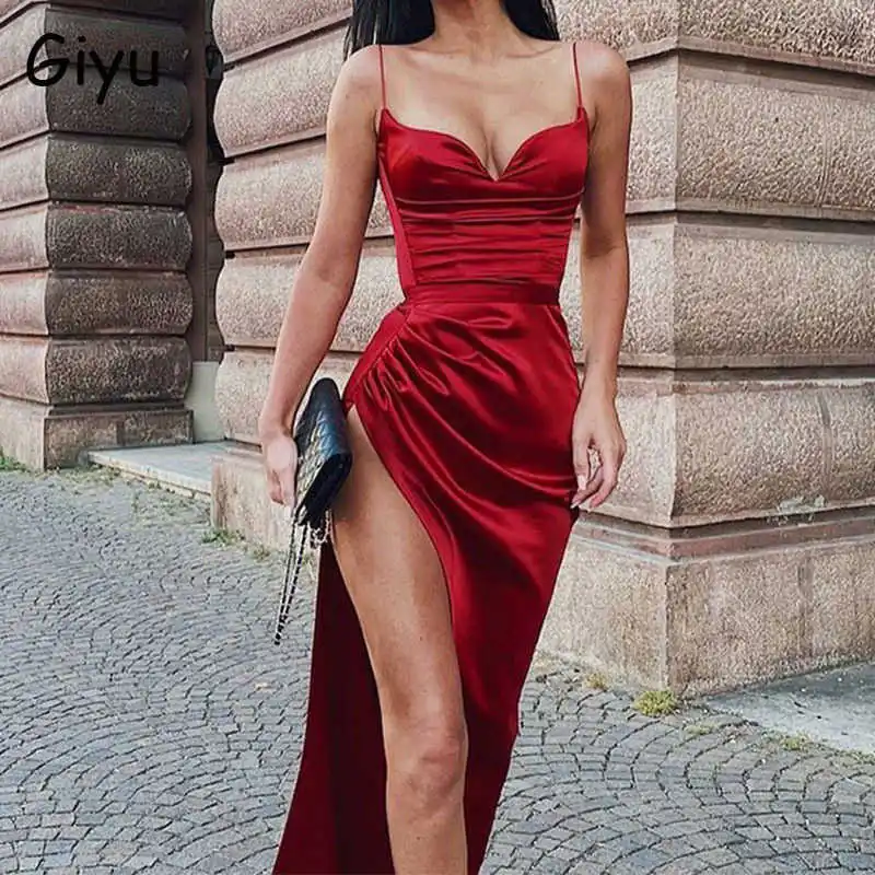 

Giyu Satin Woman Long Dress Night Club Party Sexy Irregular Ruched Bow Dresses Summer Elegant Sleeveless Backless Red Vestidos