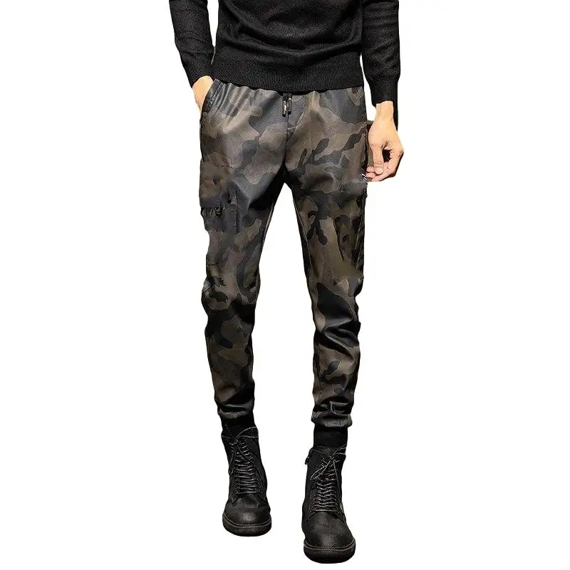 Idopy Men`s Faux Leather Pants Military Army Style Regular Camouflage Sporty Joggers PU Trousers For Male