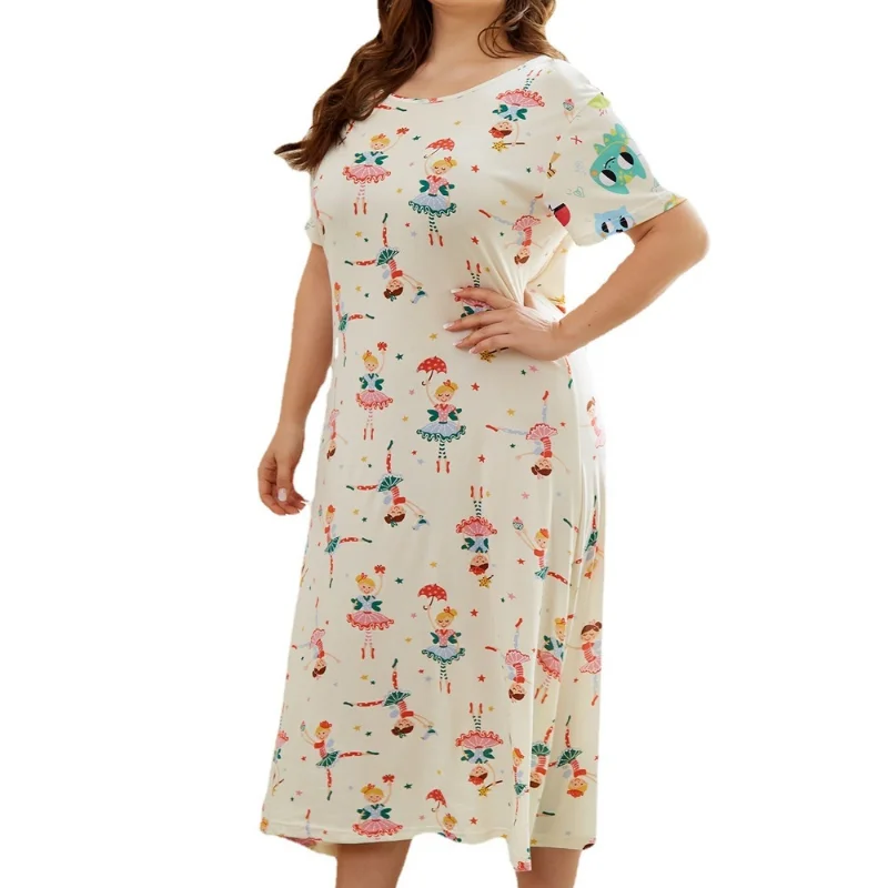 

Hc9905 Fashion Loose Long Skirt Sexy Printing Short Sleeve Dress Home Pajamas