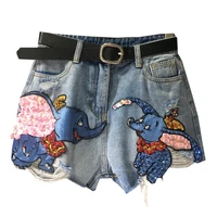 plus size 5xlelephant embroidery denim shorts women summer hole bf loose wide leg jeans shorts