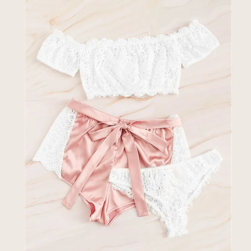 Женские атласные шелковые кружевные пижамные шорты Стринги Babydoll нижнее белье Ночная рубашка пижамы комплект из 3 предметов