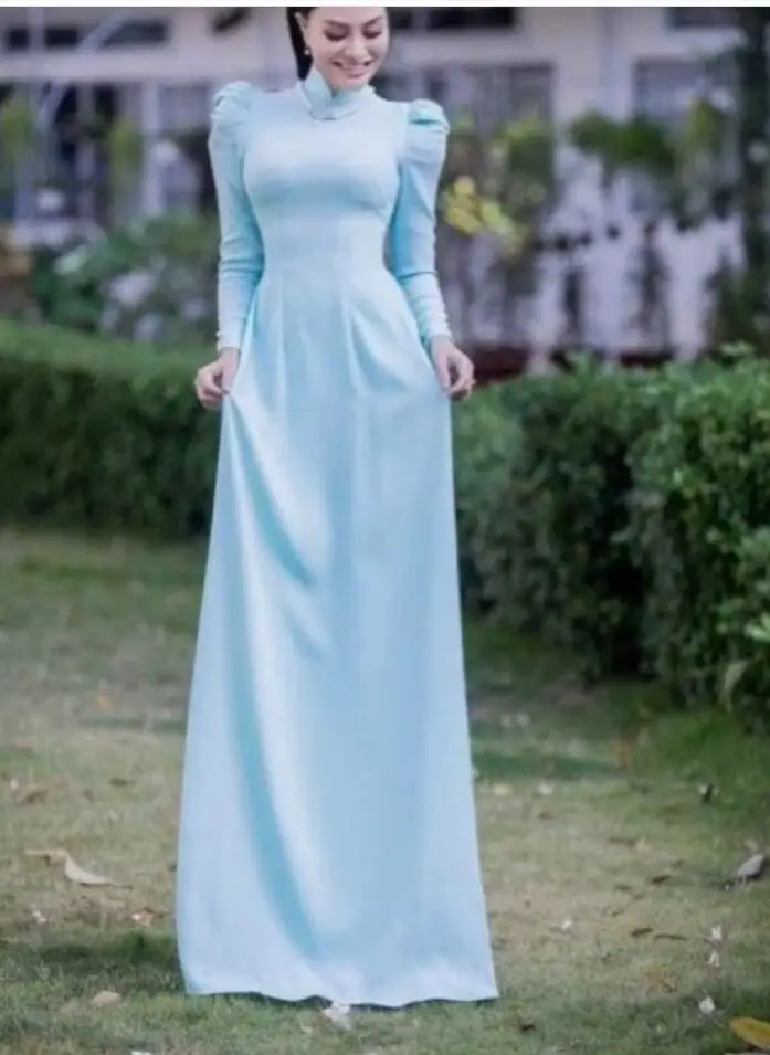 

Verngo Simple Light Blue Satin Evening Dresses High Neck Long Sleeves Side Slit Formal Prom Dress With Pant Under Women Custom