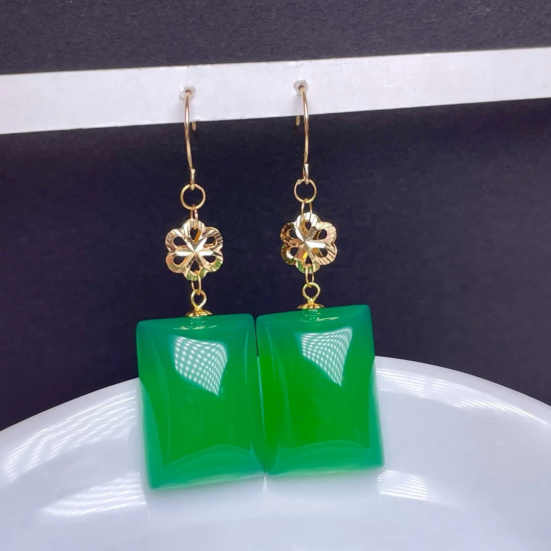 

SHILOVEM 18k yellow gold real natural green chalcedony earrings new wholesale Fine women party gift 13*18mm myme13185569ys