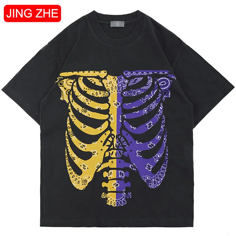 

JING ZHE Hip Hop Tshirts Men Bone Skeleton Print T-shirts Casual Summer Short-sleeve Tops Couple Streetwear Loose Tee Shirts Men