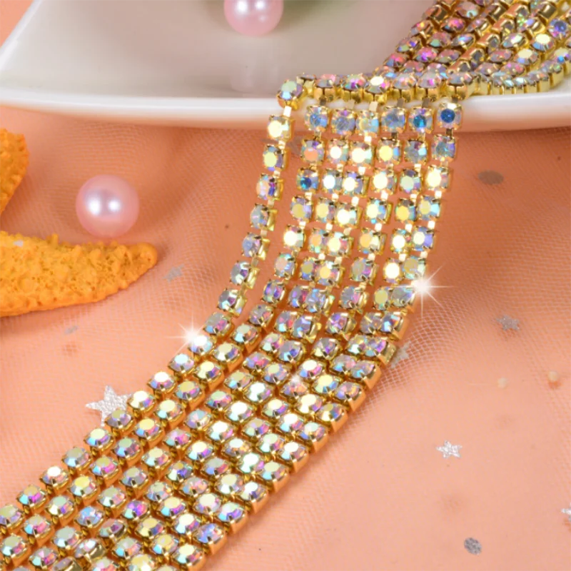 Crystal AB DIY Стразы цепь плотная Золотая Нижняя основа Кристалл цепочка для шитья