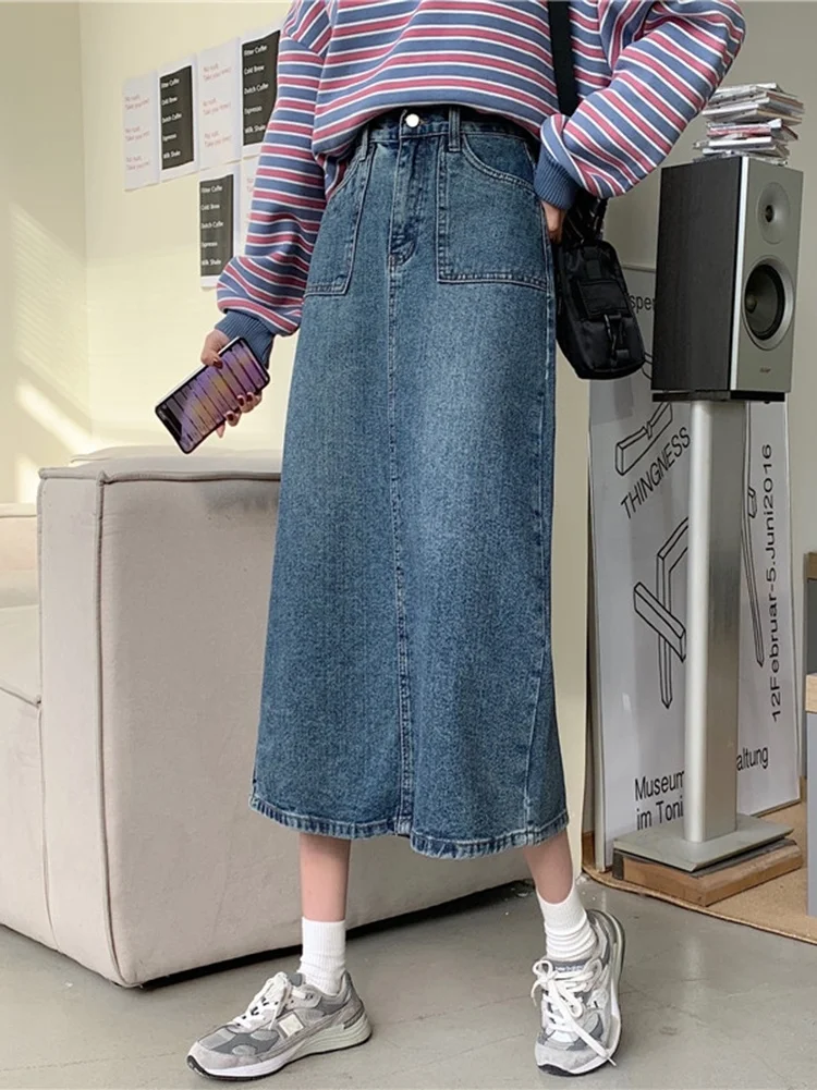 

Женская джинсовая юбка с высокой талией, тонкая юбка средней длины из денима, универсальная юбка, весна-осень 2021