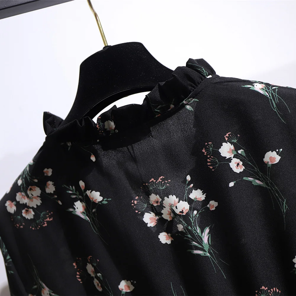 

Black Floral Printed Dress for Women Spring and Autumn Casual Chiffon Ruffled Collar Long Sleeve Elastic Waist Plus Size Dress