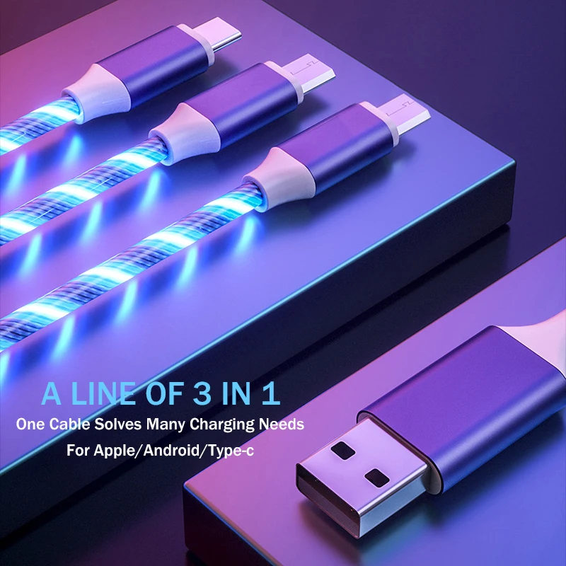3 в 1 светодиодный usb кабель Micro USB Type C 8 контактный зарядный для iPhone 11 X Huawei Samsung