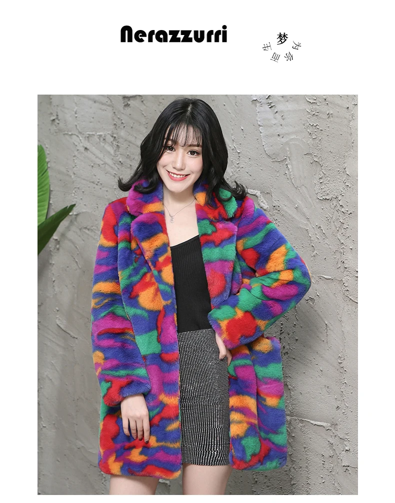 Nerazzurri multi color fluffy faux fur coat notch lapel long sleeve colorful warm soft plus size winter women faux fur jacket