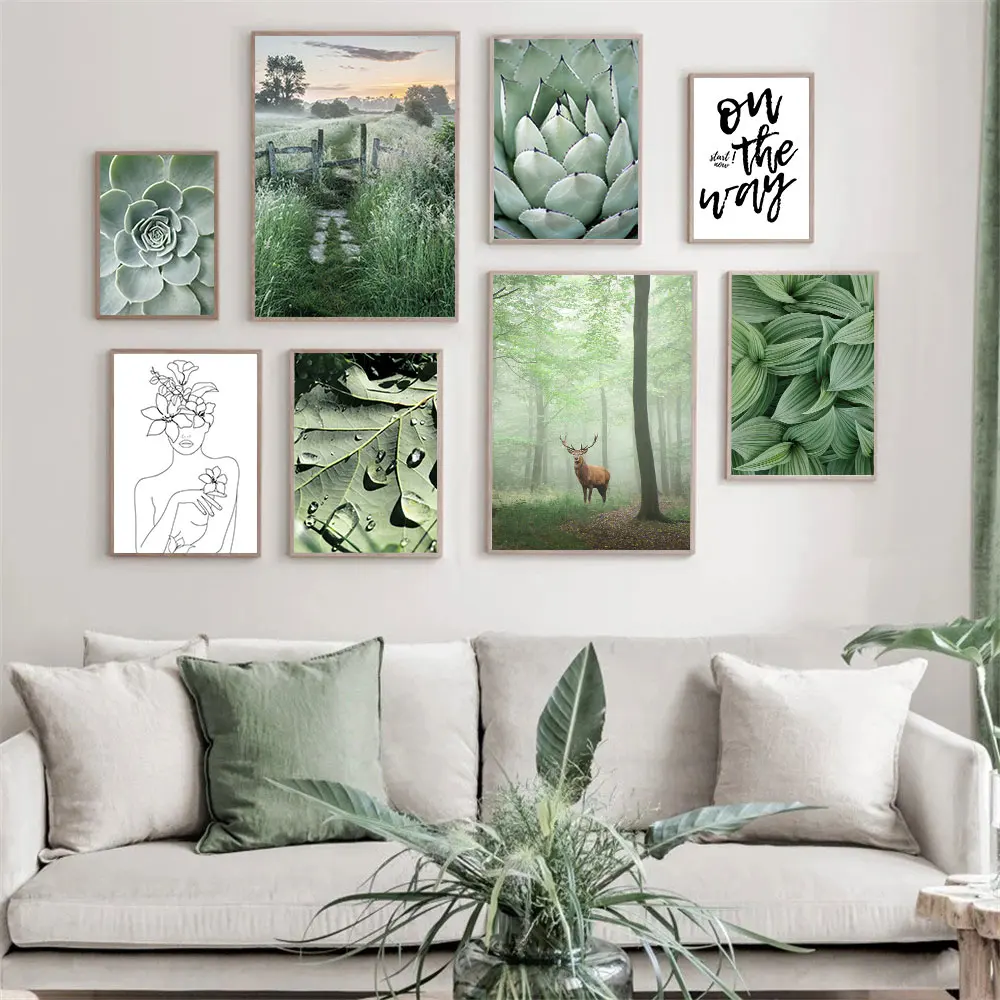 

Scandinavian Green Grass Leaf Plant Wall Art Poster Picture Succulent Cactus Canvas Painting Deer Nordic Print Living Room Decor