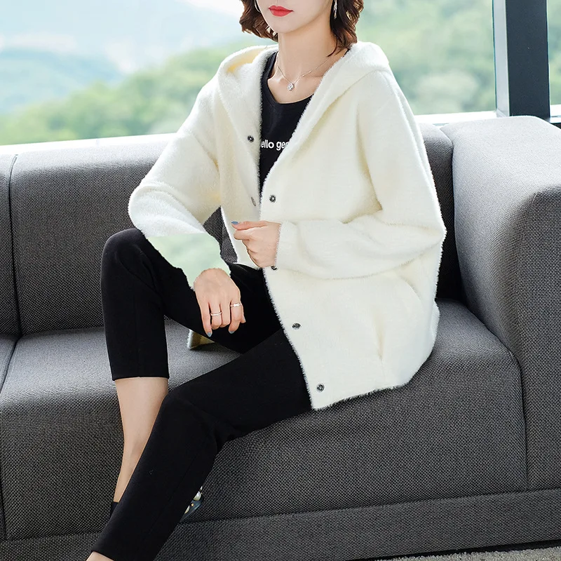 

Autumn Winter Mink Cashmere Cardigan Hooded Coat Sweater Women Fashion Print Casual Mink Sweaters Thick warm Outerwear Female