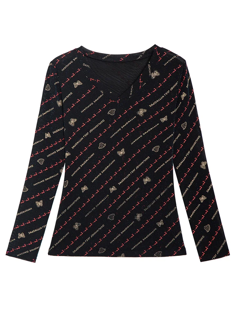 

Autumn V-neck Print Women T-shirt Stitching Mesh Slim Long-sleeve Bottoming Streetwear Women Top Camisas De Mujer Elegantes