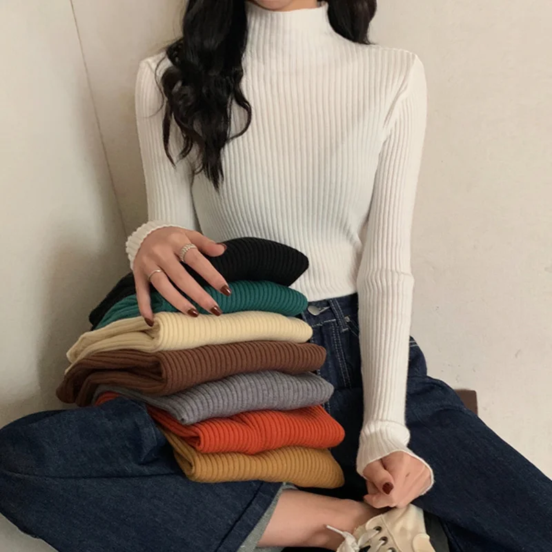 

White Half High Neck Sweater Women's Winter Long Sleeved Top 2021 New Foreign Style Bottomed Sweater