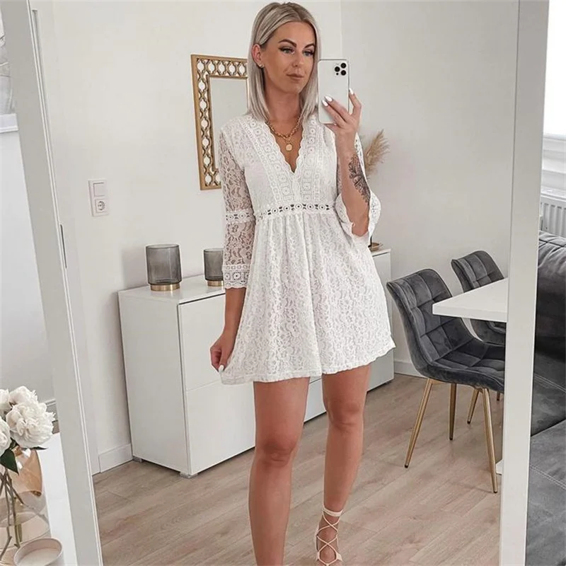 

Кружевное лоскутное привлекательное ТРАПЕЦИЕВИДНОЕ мини-платье с V-образным вырезом и расклешенными рукавами женское платье с цветочным в...