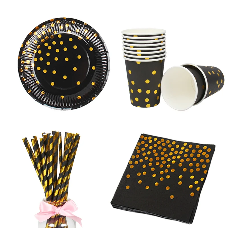 

65pcs/set Happy Birthday Black Dot Party Tableware Paper Plate Cup Napkin Straw Wedding Baby Shower Kids Party Decor Supplies