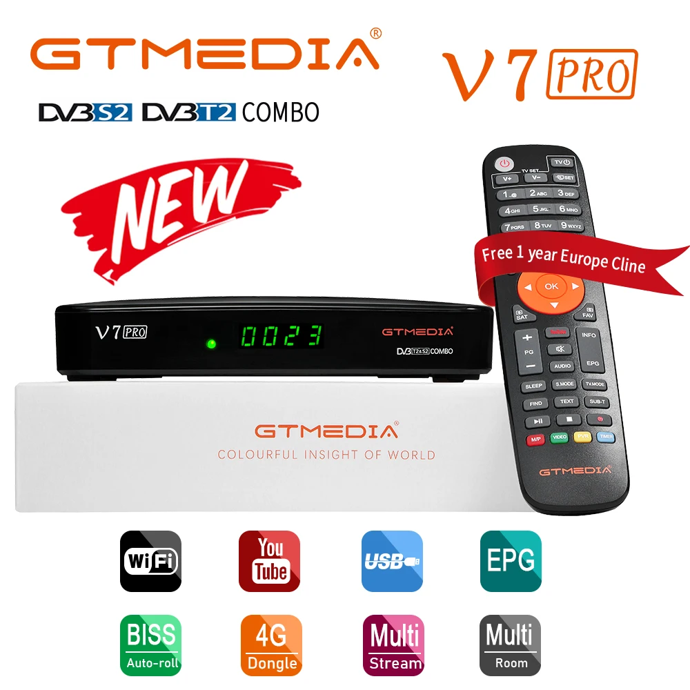 Новинка 2020 спутниковый ресивер GTMEDIA V7 pro DVB S/S2/S2X + T/T2 поддержка H.265 PowerVu Biss Key Youtube USB