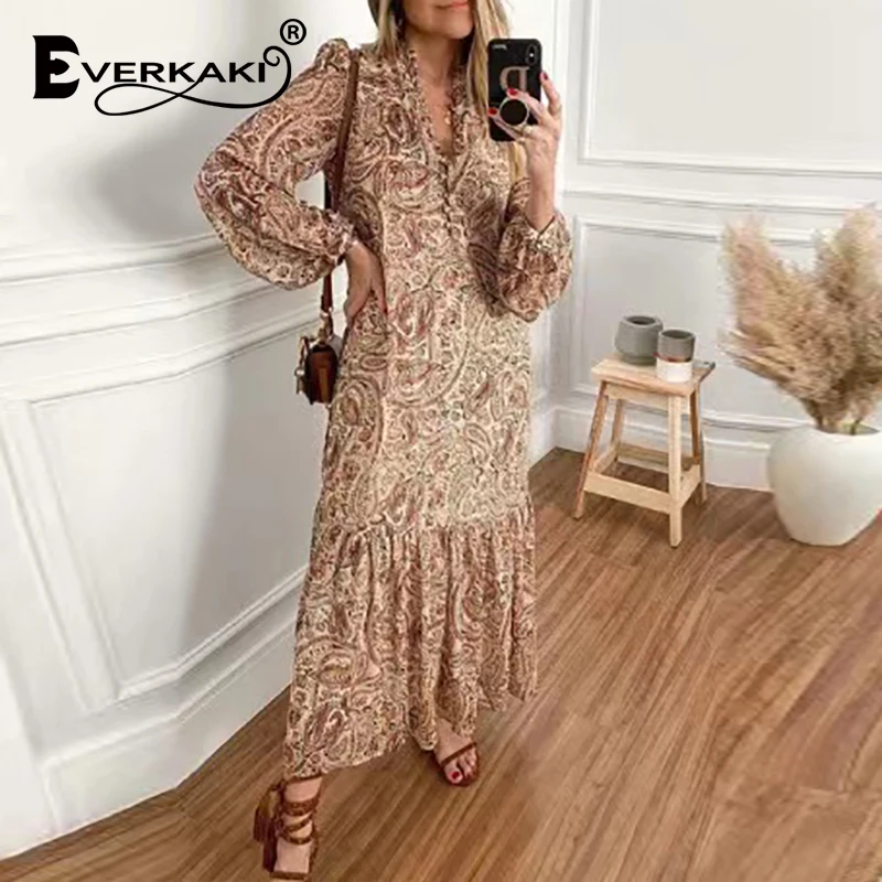 

Everkaki Boho Retro Print Maxi Dresses Women Summer Vestidos Beach Kaftan Ladies Plus Size Long Corset Dress Female 2021 New