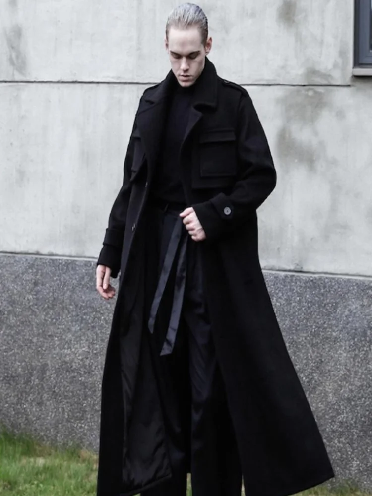 

Men's Woolen Trench Coat Autumn/Winter New Lapel Solid Color Long Slit Design Symmetrical Pocket Fashion Men's Wear