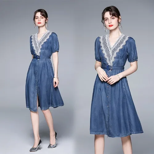 

Tencel denim dress women's 2021 new summer style LACE SHORT SLEEVE loose skinny denim skirt