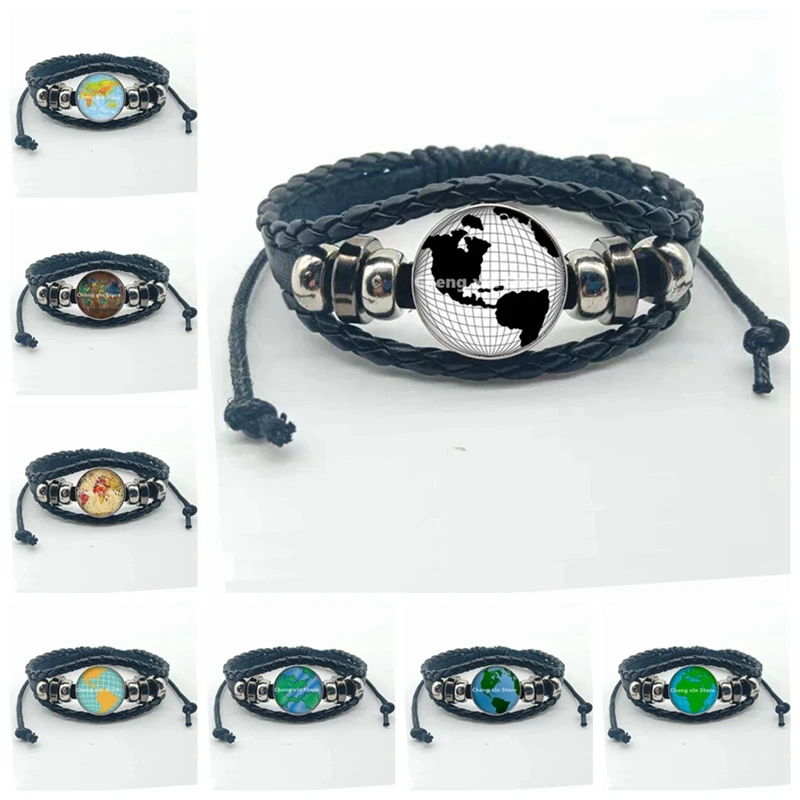Лидер продаж винтажный кожаный браслет с картой мира со стеклянным куполом