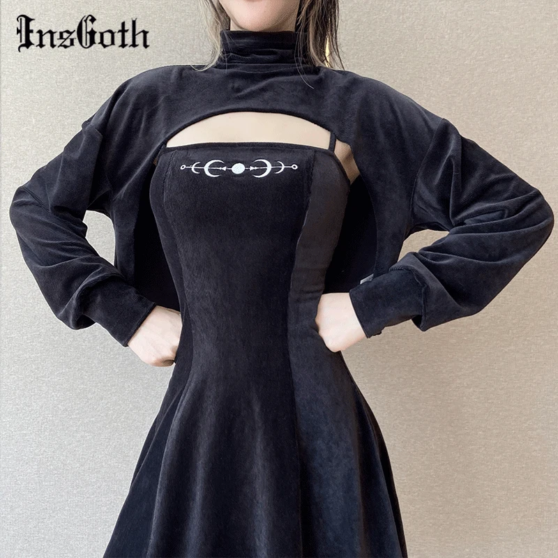 Черная укороченная Толстовка InsGoth в стиле Харадзюку Готическая винтажная