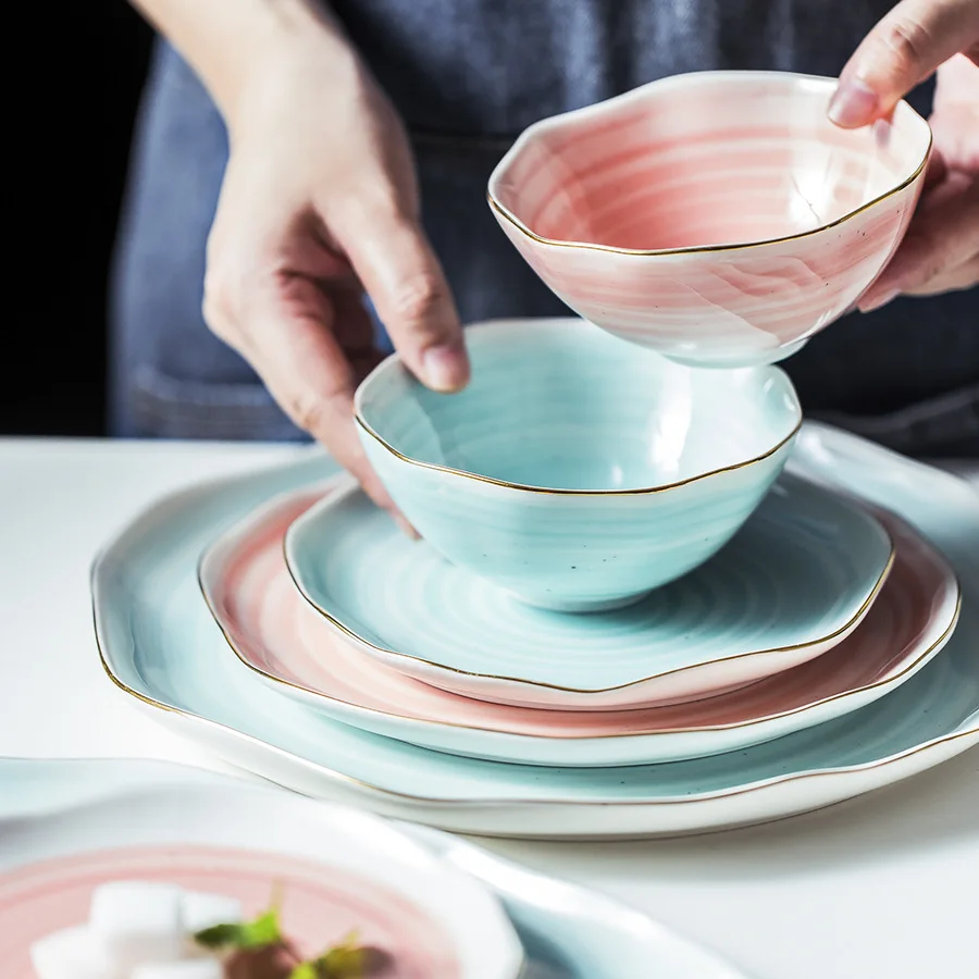 

Ceramics Dinner Plate Set Plating Gold Strip Dishes Plates Porcelain Rice Fish Steak Dessert Tableware Irregular Handmade Plate