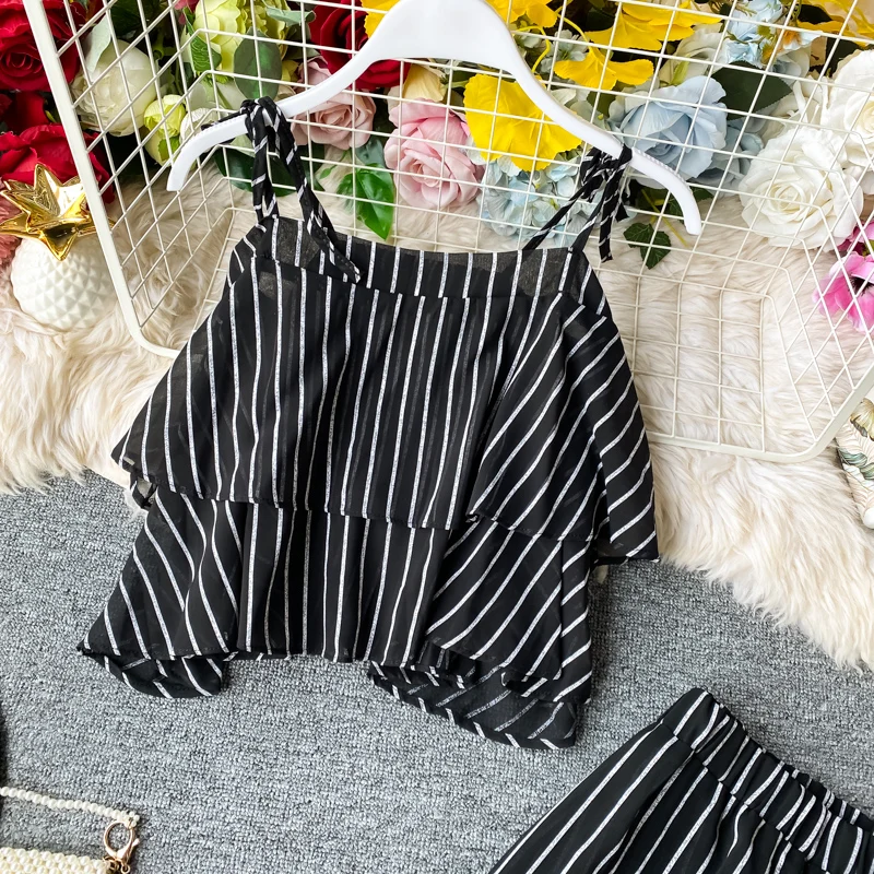 

Women Short sling ruffled one-shoulder off-shoulder chiffon shirt top female high-waist striped nine-point pants two-piece suit