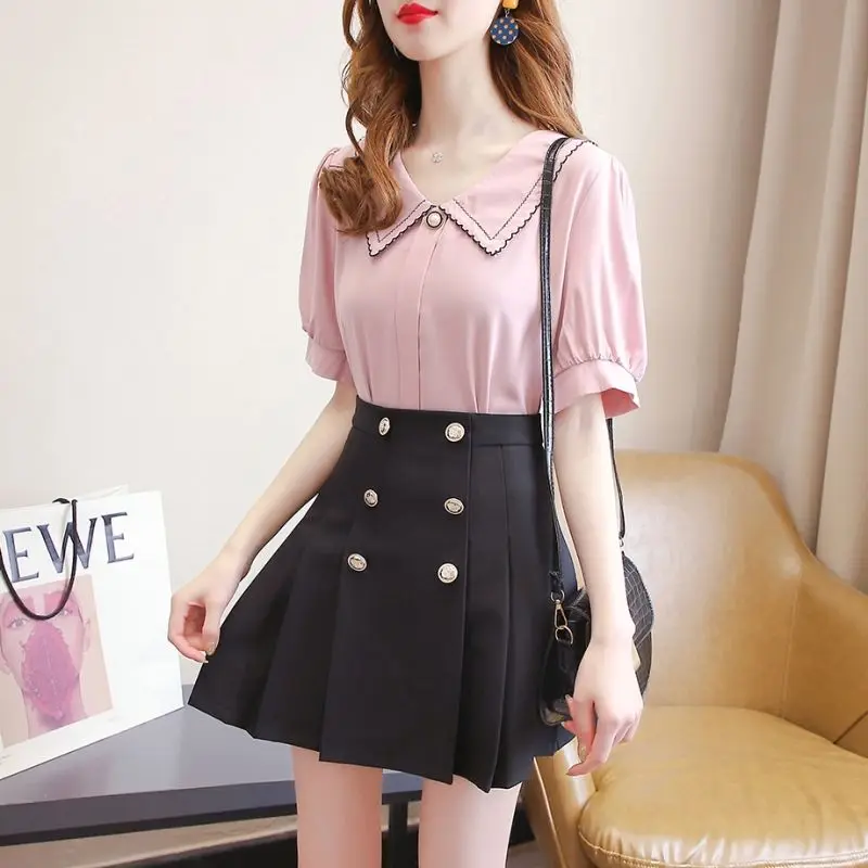 

Women 2021 Summer New Fashion Two Piece Suits Female Short-sleeved Chiffon Shirts Ladies High Waist Pleated Skirts Sets Y171