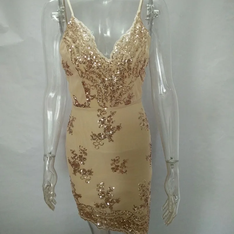 

Women Dress V Neck Sexy Strapless Back Sequin Slim Dress Summer Women's Clothing Lace Solid Color Thin Splicing For Female ZS176