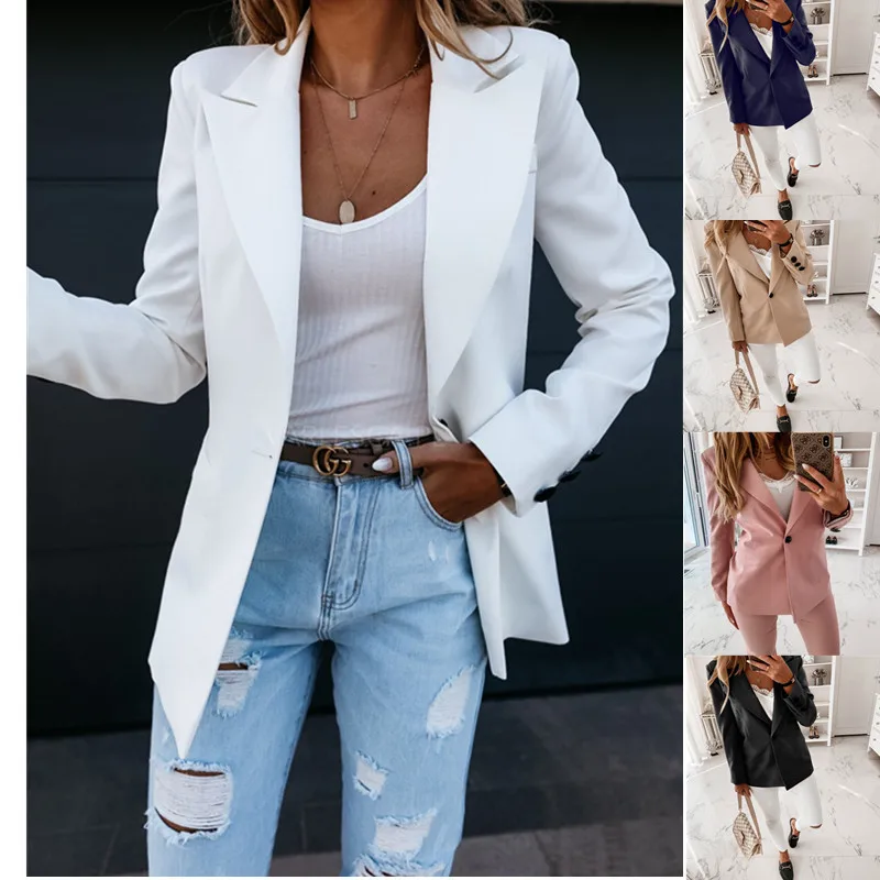 

2021 autumn office lady blazer button suit lady elegant white blazer solid color jacket new fashion blazer suit jacket
