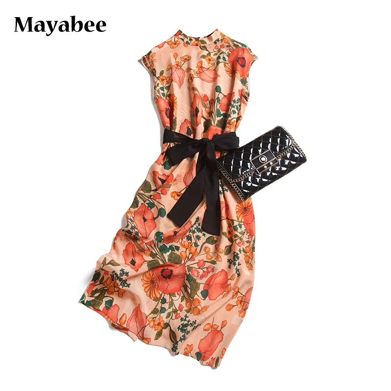 

2021 New Spring And Summer Mulberry Silk Orange Peony Open Collar Chinese Sleeveless Mid-Length Silk Dress
