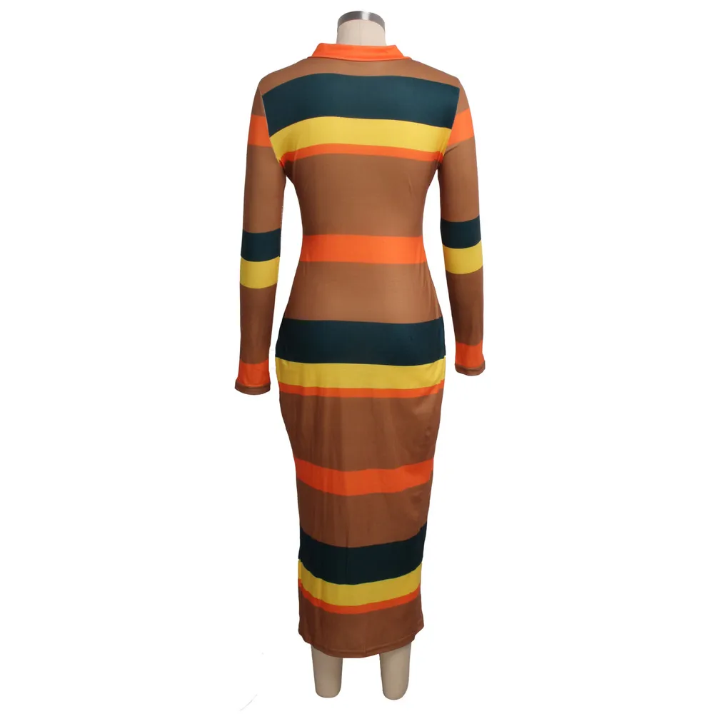 

Striped Patchwork Office Lady Long Party Dress for Women Mock Neck Long Sleeve SlimFit Dress Elegant Spring Zipper Up Robe Femme
