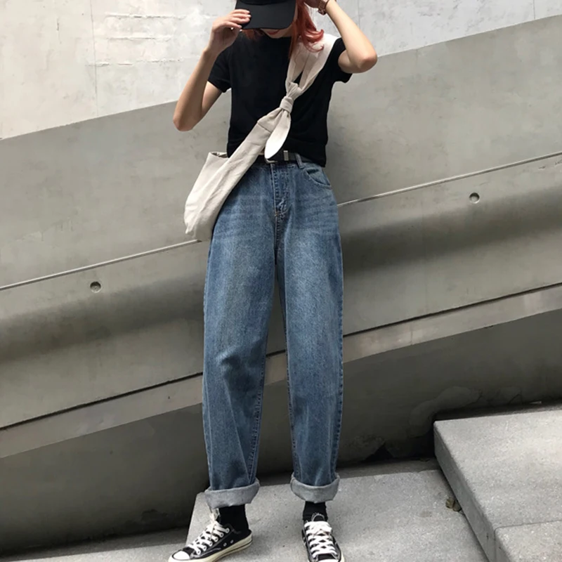 Винтажные джинсы бойфренды с высокой талией прямые штаны повседневные джинсовые