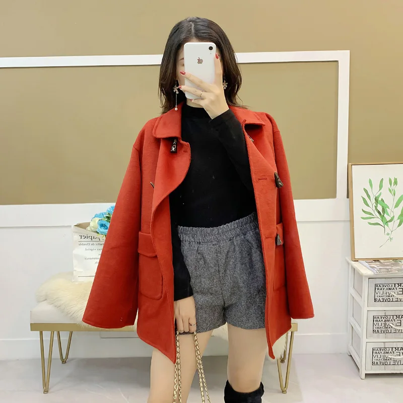 

Winter Horn Button Coat Women Elegant Long Sleeve High Waist Wool Coat Fashion Pocket Wine Red Office Lady Overcoat Outerwear