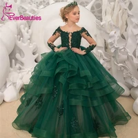 communion dresses luxury green lace flower girls dresses 2020 sheer long sleeves appliques beads tiered ball gown pageant dress