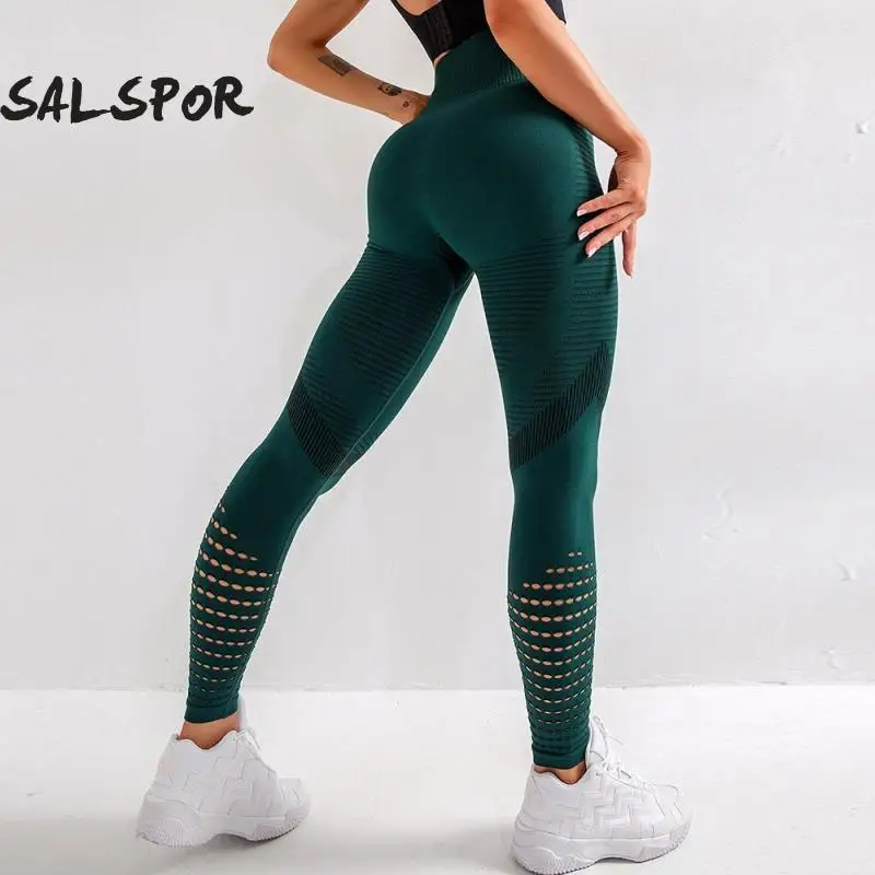 SALSPOR High Waist Yoga Leggings  Hollow Out Seamless Stretch Sexy Push Up Legging Fitness Exercise Breathable Sports Leggings