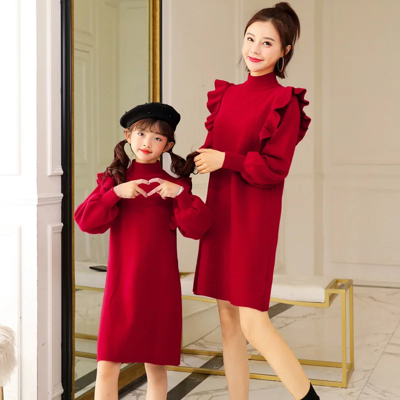 

WLG Mom and Daughter Matching Clothes Family Matching Outfits Fall Knitted Red Ruffle Long Sleeve Dresses Mommy and Me Dress