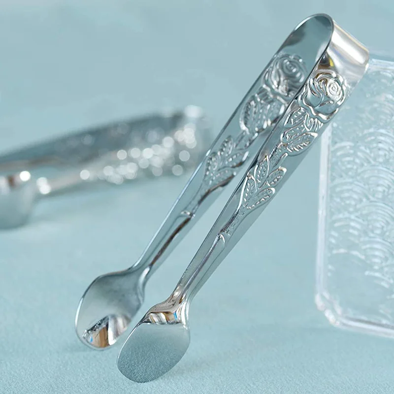 

Stainless Steel Mini Food Tongs Rose Pattern Tweezers Clip Lemon Slices With Ice Cubes JA55